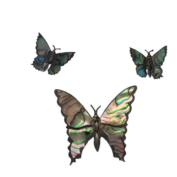 Vintage Mexican Silver Abalone Butterfly Brooch & Earring Set Signed JC 925 Gift - Picture 1 of 9